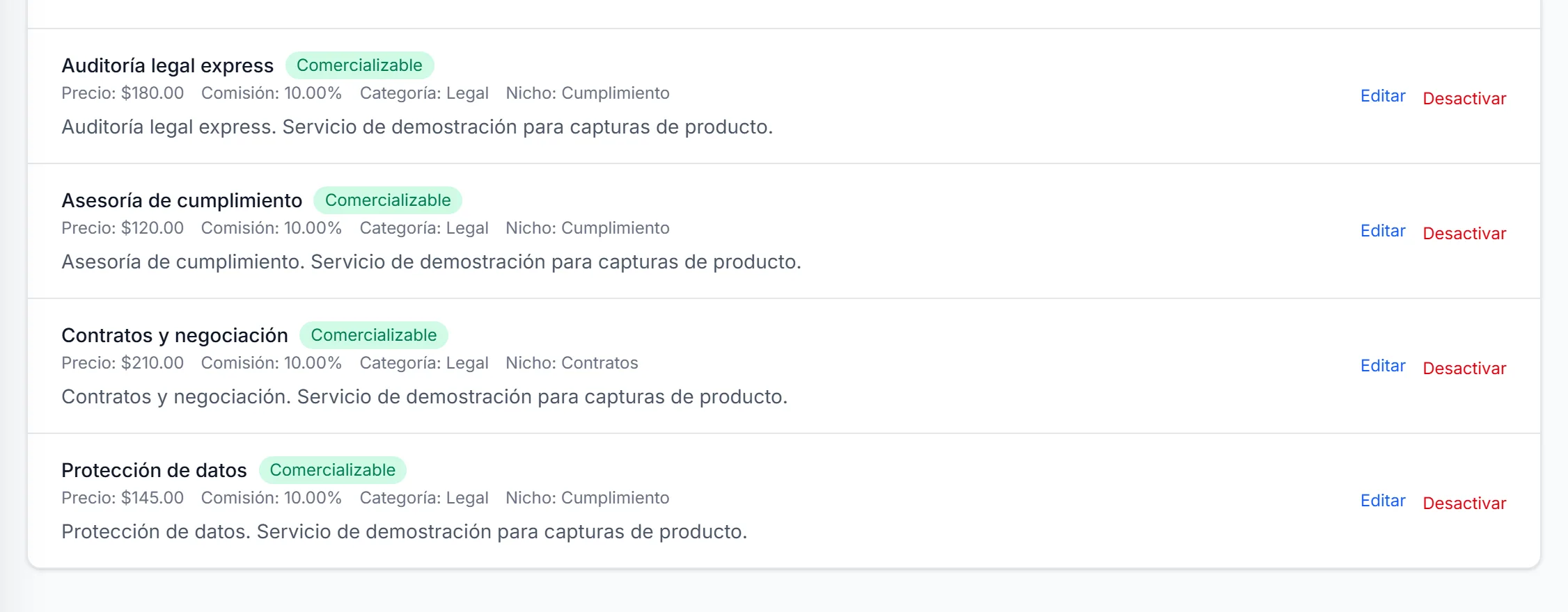 Catálogo de servicios de una empresa. Cada servicio muestra su precio, su porcentaje de comisión, su categoría y su nicho.
