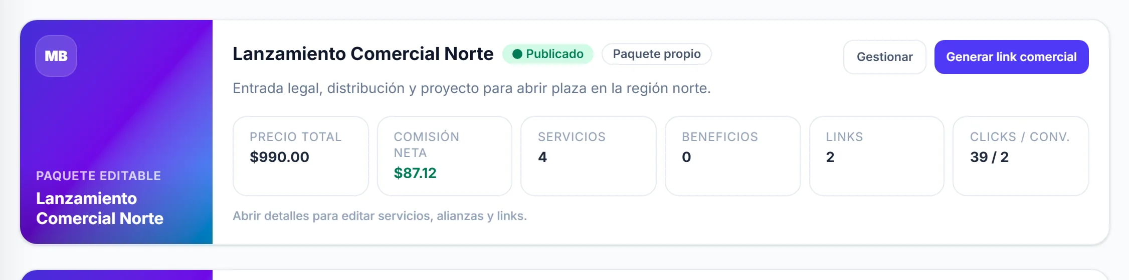 Tarjeta de un paquete comercial con su precio total, su comisión neta y el número de servicios, enlaces y visitas.